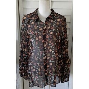 Soft Surroundings Elia Blouse semi-sheer brown floral button up balloon sleeve L